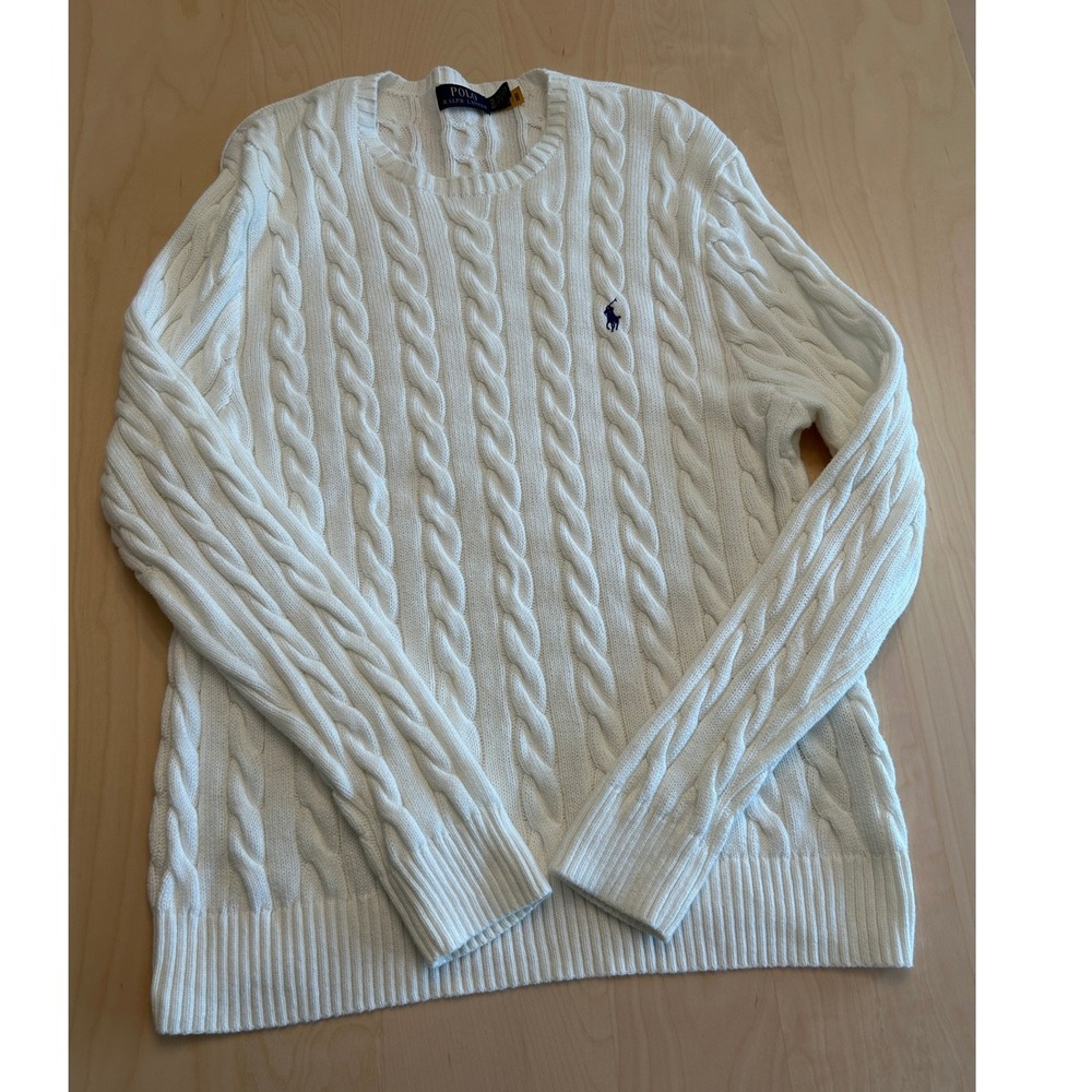 Polo Ralph Lauren Mens XL White Cable Knit Cotton Crewneck Sweater Pony Logo